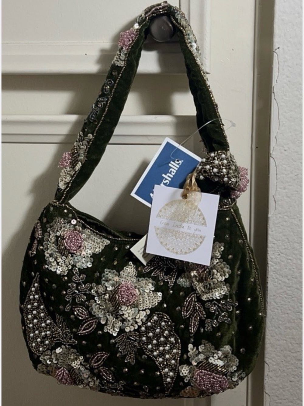 Embellished Olive Green Velvet Shoulder Bag with Bead & Sequin Floral Detail
